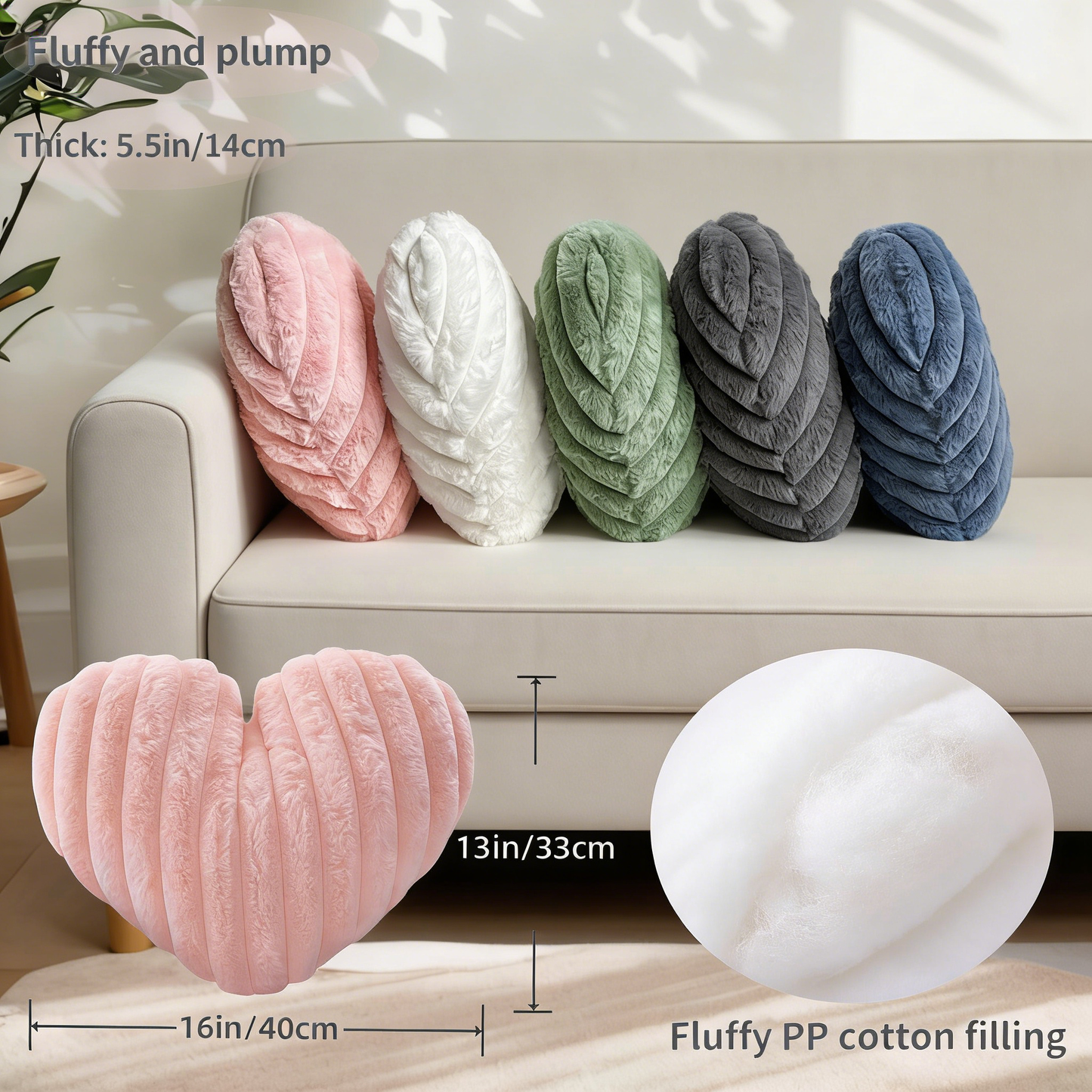 Ribbed Heart Shaped Plush Throw Pillow for Home Decor