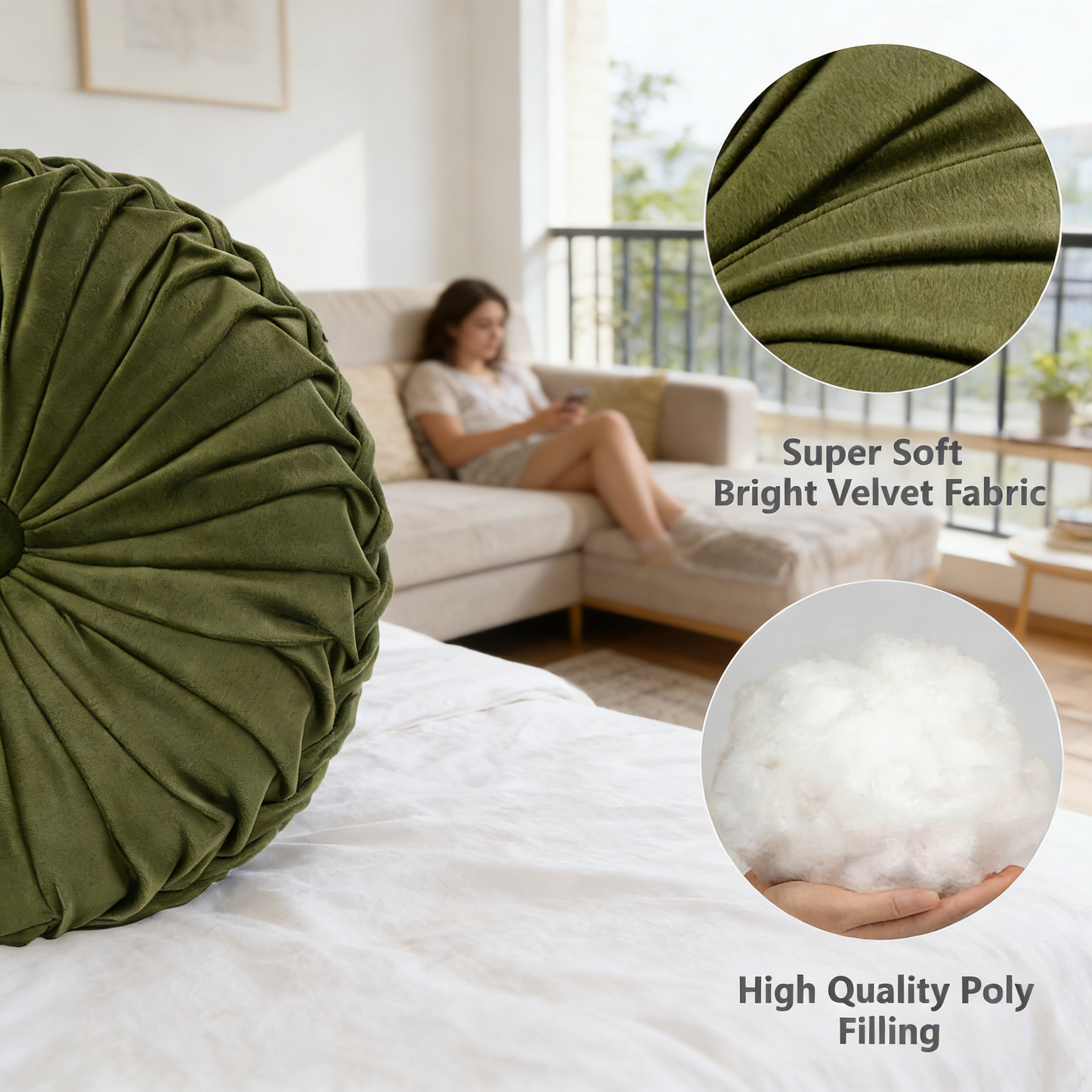 Round Pleated Velvet Throw Pillow for Home Decor
