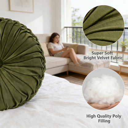 Round Pleated Velvet Throw Pillow for Home Decor