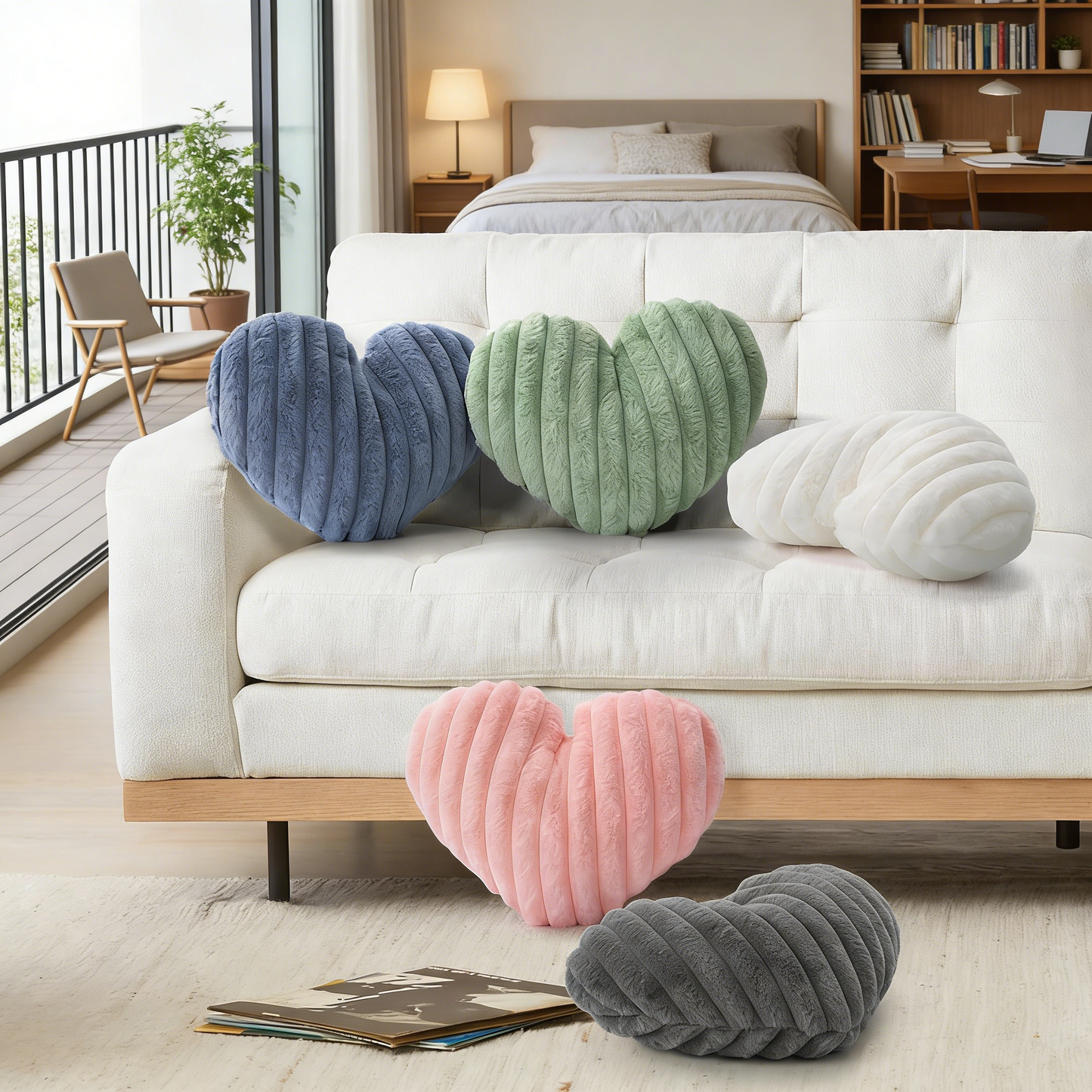 Ribbed Heart Shaped Plush Throw Pillow for Home Decor